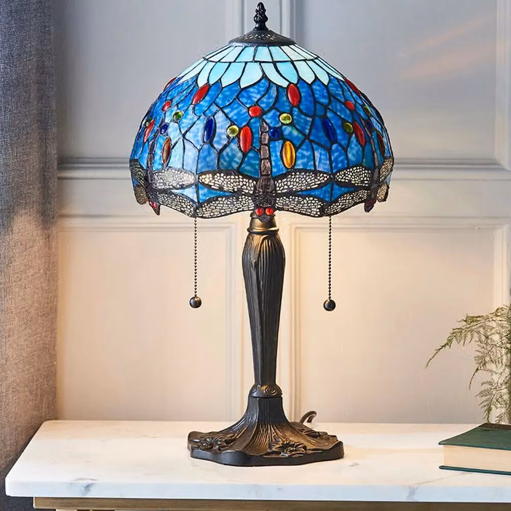 Loops Tiffany Glass Table Lamp with Blue Dragonfly Shade and Dark Bronze Base – 3