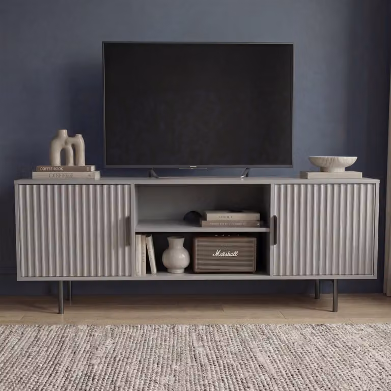 DHS Flutrina Grey Painted TV Unit Cabinet with Storage for TVs up to 55 inch, W: 140 cm, D: 40 cm