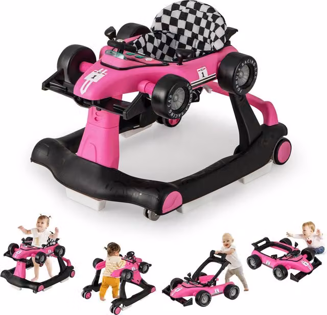 Costway 4 in 1 Foldable Push Along Baby Walker with Wheels and Sensory Motor Features in Red