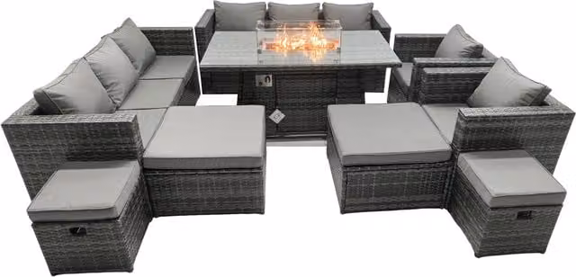 Fimous 12 Seater Rattan Garden Furniture Firepit Dining Set with Lounge Sofa, Table and 2 Footstools in Dark Grey