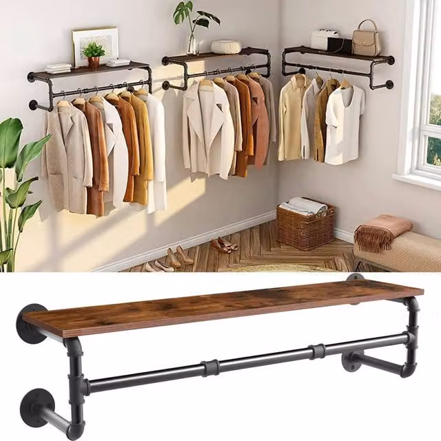 VOGREX Industrial Metal Clothes Rail with Top Shelf in Matt Black – 1