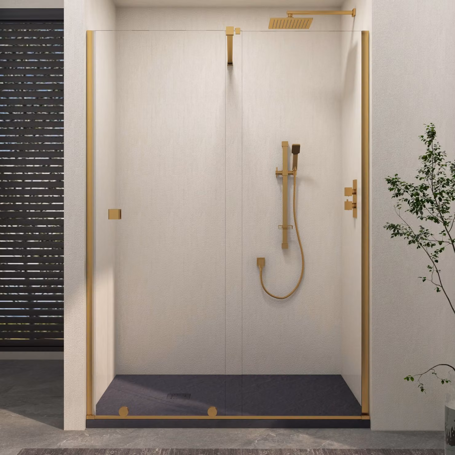 Royal Bathrooms Luton Recessed Sliding Shower Screen with Grey Slate Effect Mineral Cast Stone Shower Tray, 8mm Clear Glass, Brushed Brass