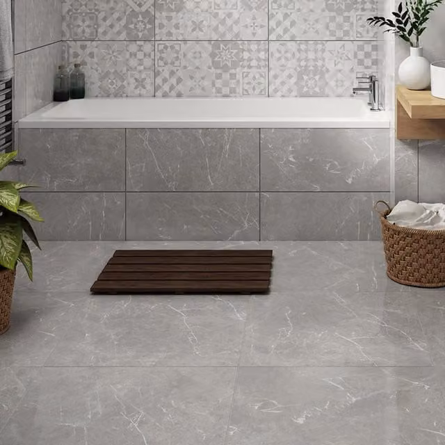 Johnson Tiles Darlington Marble Effect Glossy Floor Tiles, Grey, Pack of 4