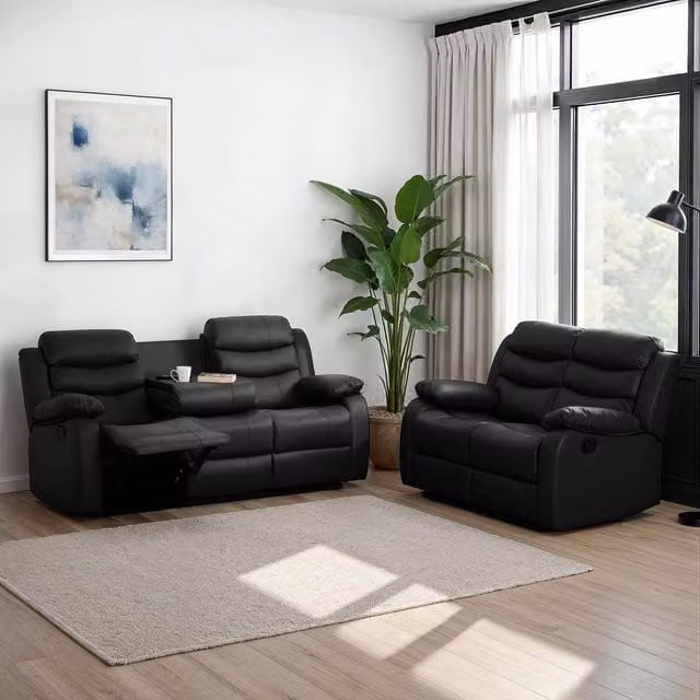 Seconique Roma 3+2 Seater Sofa Suite in Black Synthetic Leather with Armrests and Cup Holders