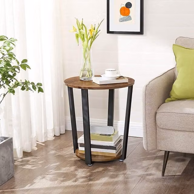 VASAGLE Round Industrial Side Table with Steel Frame in Brown