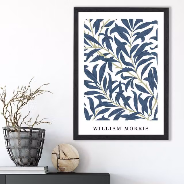 ARTZE William Morris Willow Floral Art Print in Navy, Green and Black with Black Frame, Size: A3 – 1