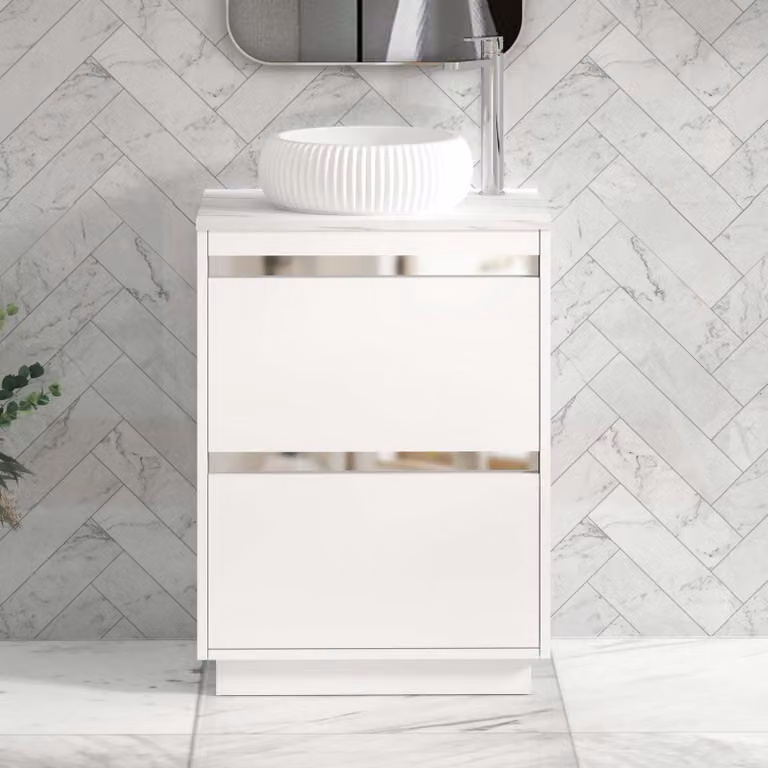 Royal Bathrooms Orion 600mm Matt White Floor Standing 2 Drawer Vanity Unit with Milan Basin and Chrome Accent Trim