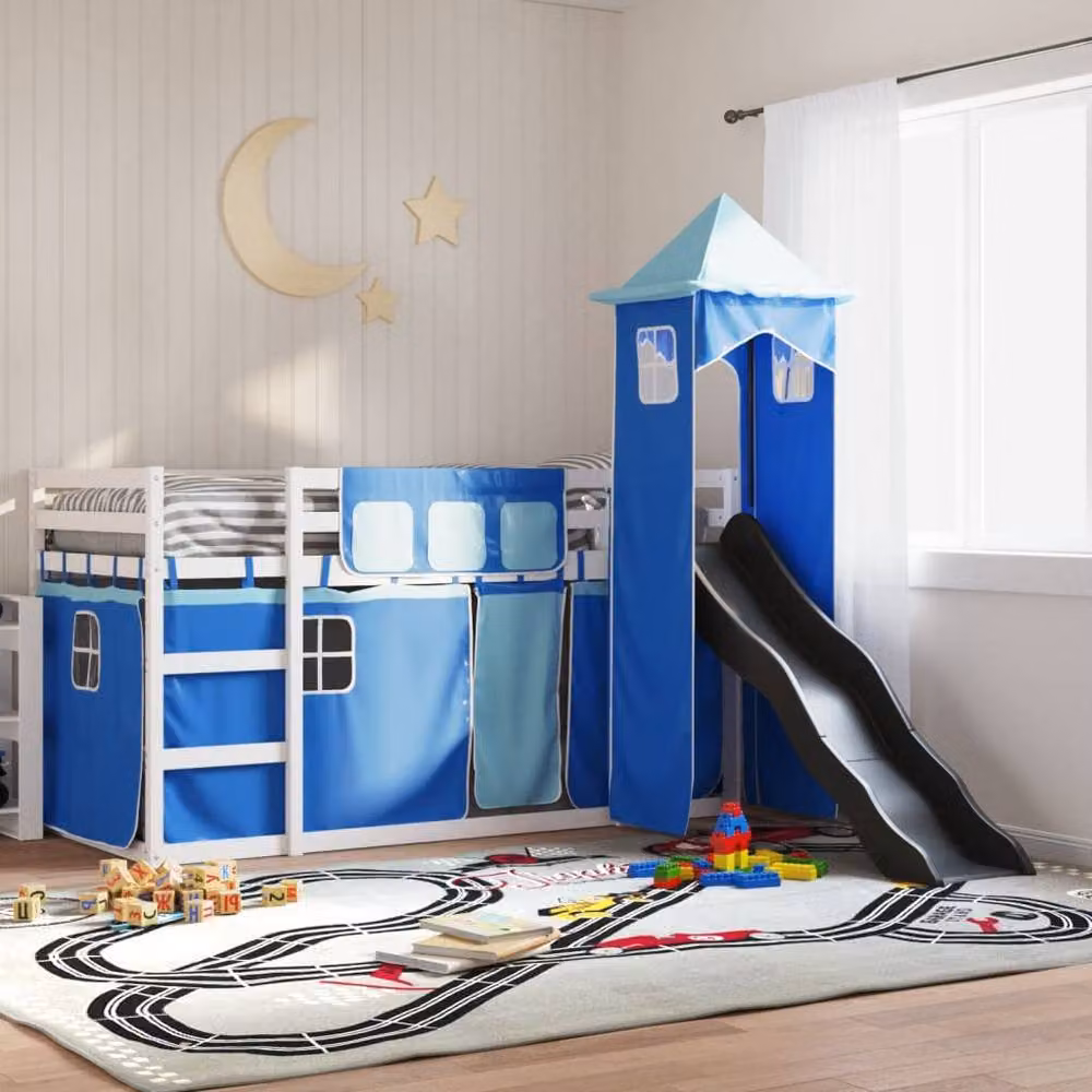 Berkfield Home Blue Solid Wood Childrens Bunk Bed with Slide and Curtains W/D/H: 90 x 200 cm – 2