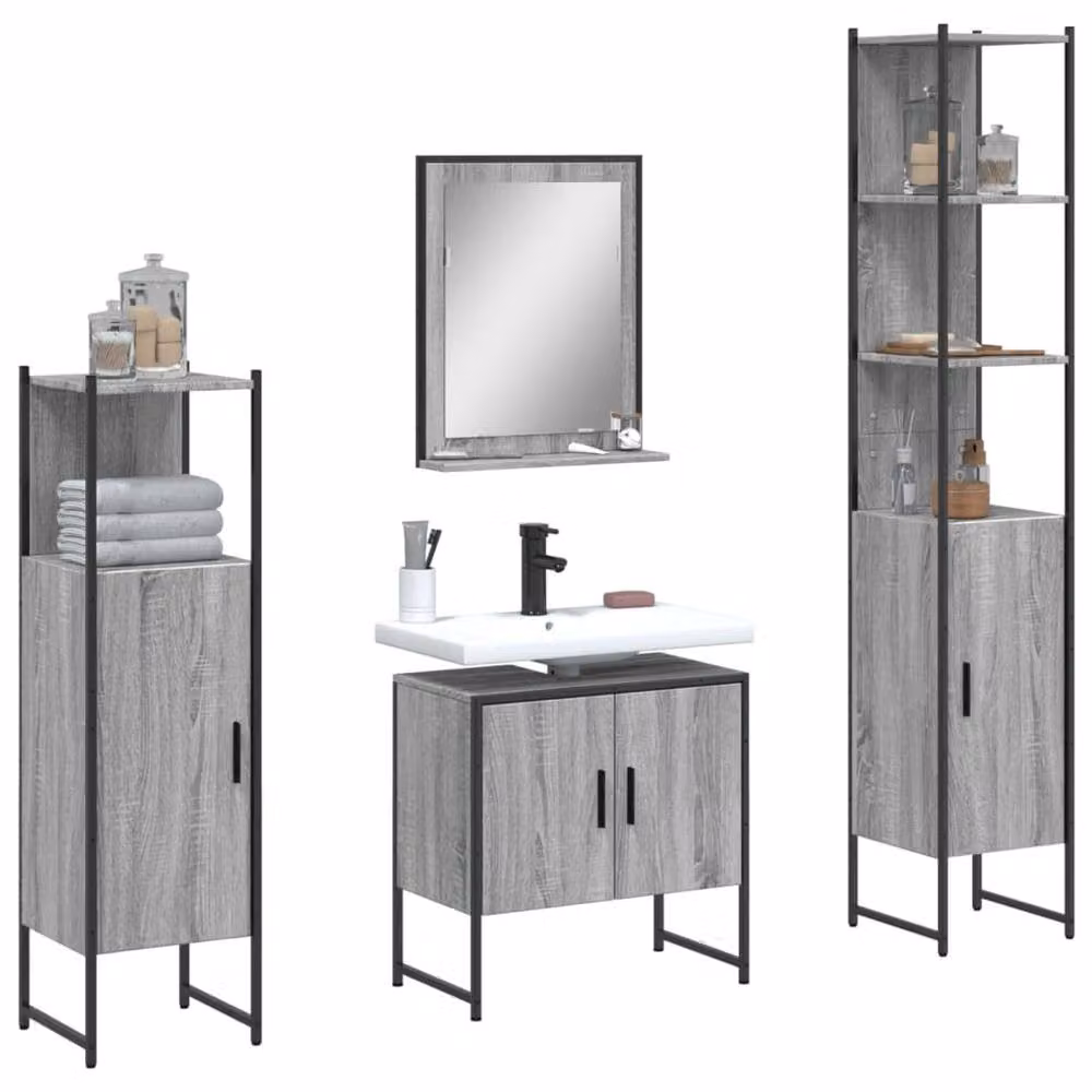 Berkfield Home 4 Piece Grey Bathroom Cabinet Set including Vanity Unit, Tall Cabinet, Side Cabinet and Mirror Cabinet – 2