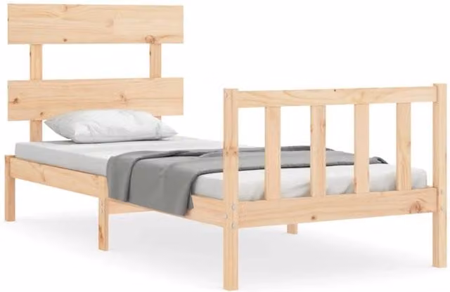 Berkfield Home Solid Wood Bed Frame with Headboard in Beige, W/D/H: 90 x 200 cm