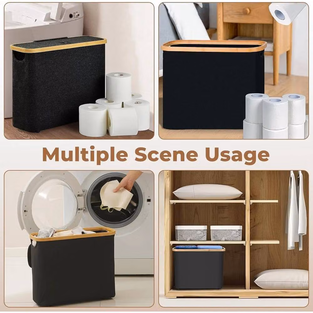 NESTLUNE Black Bamboo Freestanding Toilet Roll Storage Basket with Handles – 4