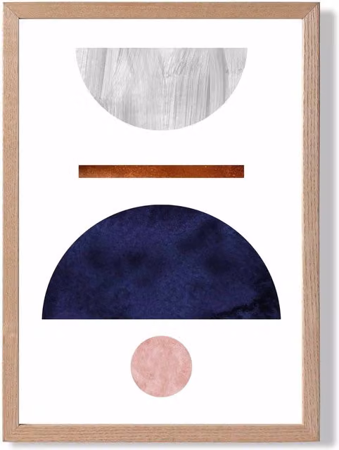 ARTZE Mid Century Geometric Abstract Framed Print with Oak Frame, Navy Blue, Grey and Pink, A4