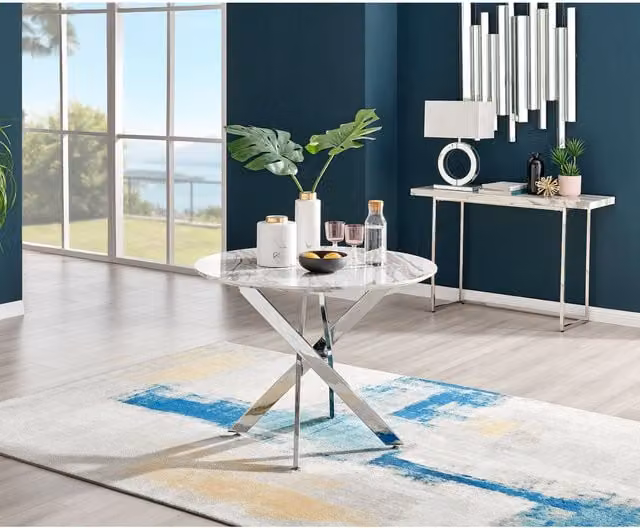 FurnitureboxUK Novara White Marble Round Dining Table and 4 Grey Calla Chairs with Silver Legs