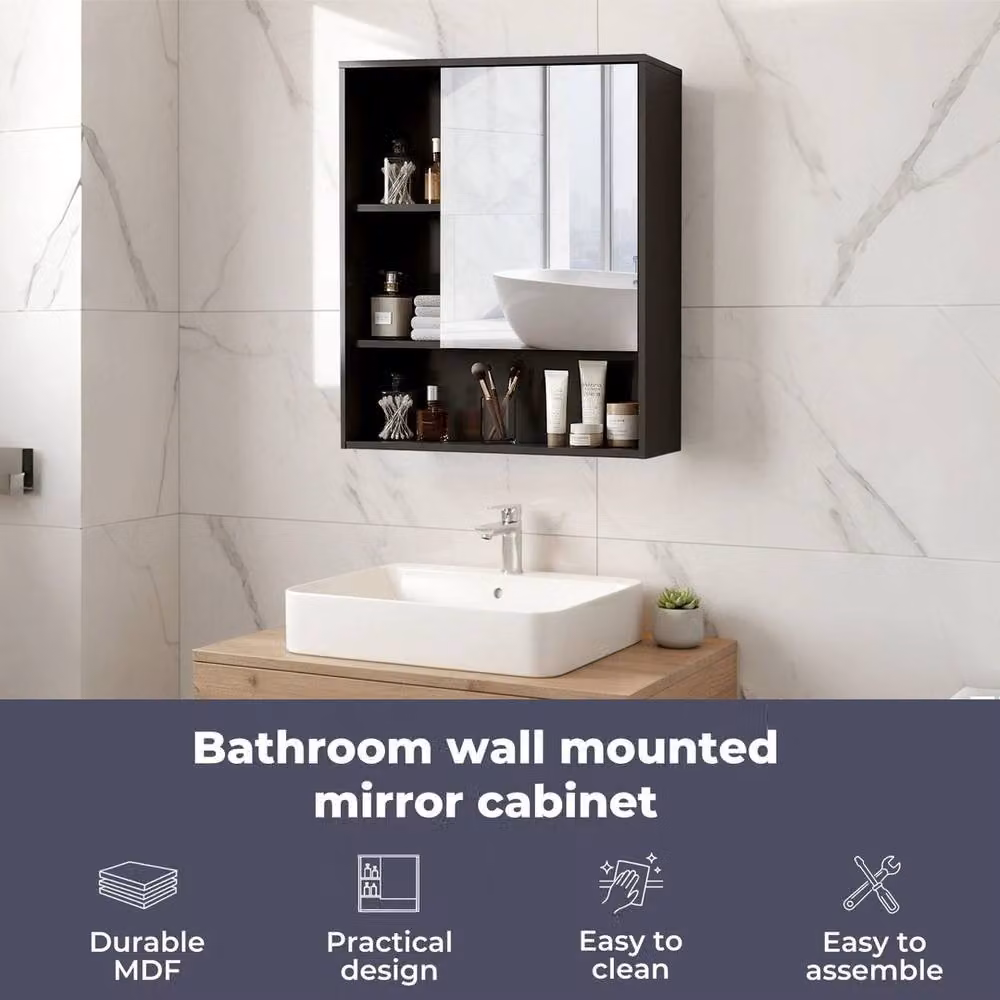 VOGREX Black Modern Wall Mounted Bathroom Mirror Cabinet with Open Shelf – 6