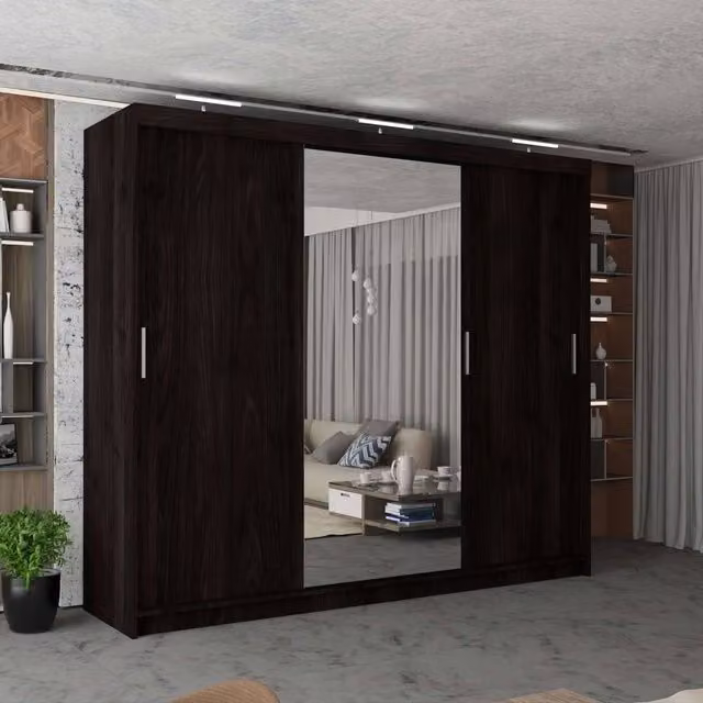 MN Furniture Modern 3 Door Sliding Wardrobe with LED Lighting, Mirror and Internal Drawers, Brown, Width: 250 cm