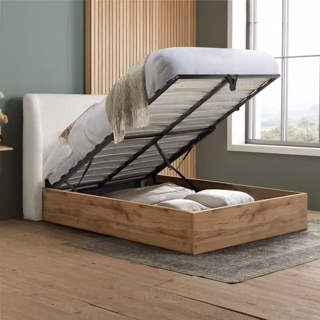 Birlea Modern White Bouclé Upholstered Ottoman Bed Frame with Lift Up Base, W/D/H: 180 x 200 cm – 1