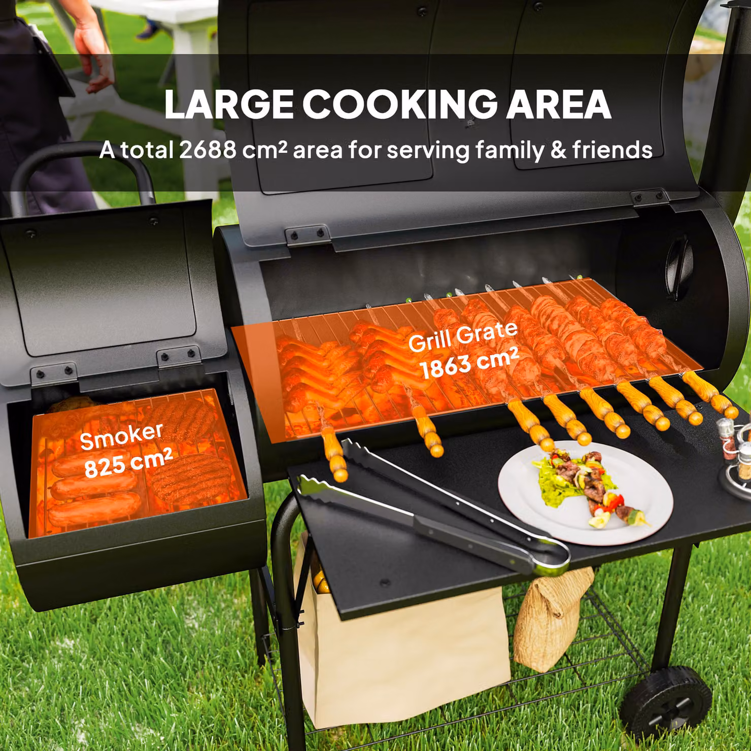 Outsunny Portable Charcoal Barbecue Grill with Offset Smoker, Black, W/D/H: 109 x 60 x 120 cm – 5