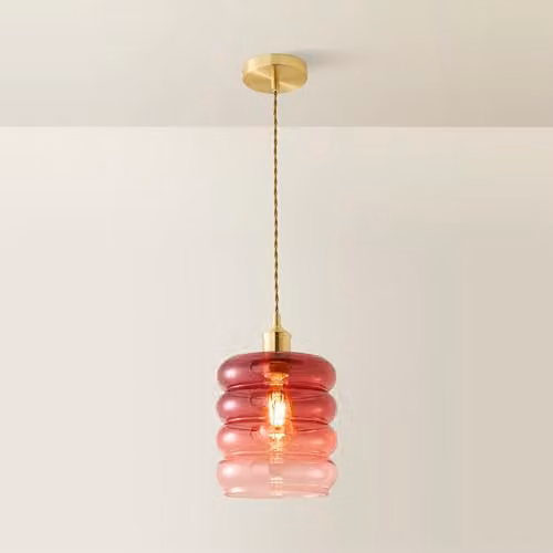 ValueLights Giselle Berry Ombre Glass Cylinder Pendant Light in Brushed Gold and Pink