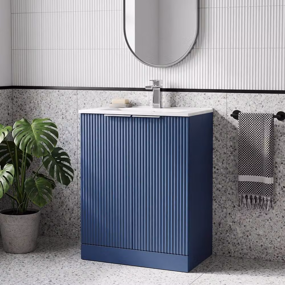 Balterley Tixall Fluted 2 Door Vanity Basin Unit, Satin Blue, W: 60 cm, H: 82.8 cm – 2