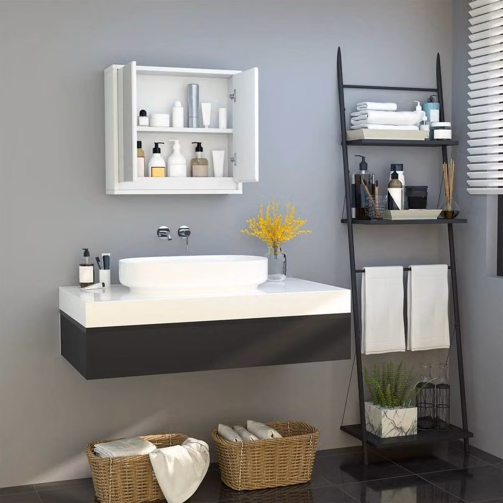 FORGEVIO Wall Mounted Bathroom Mirror Cabinet with Glass Doors and Internal Shelves in White – 2