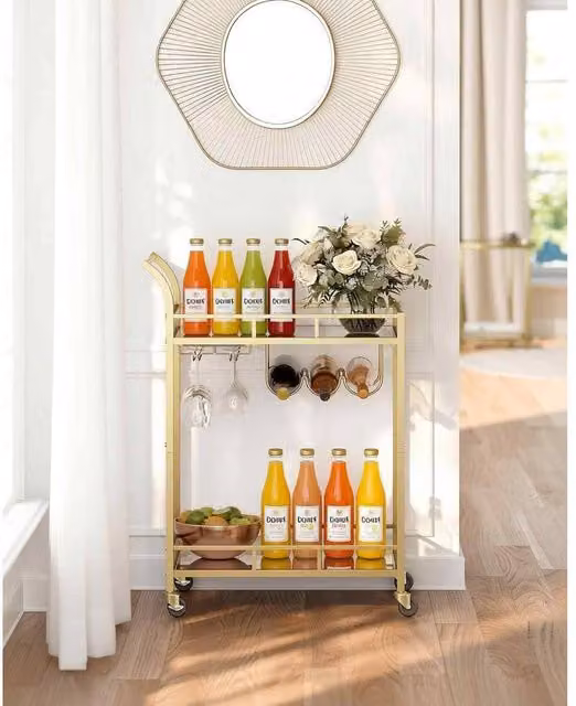 The Bazaarist Gold Drinks Trolley with Glass Shelves and Castors, H 90.0 x W 66.0 x D 40.0 cm
