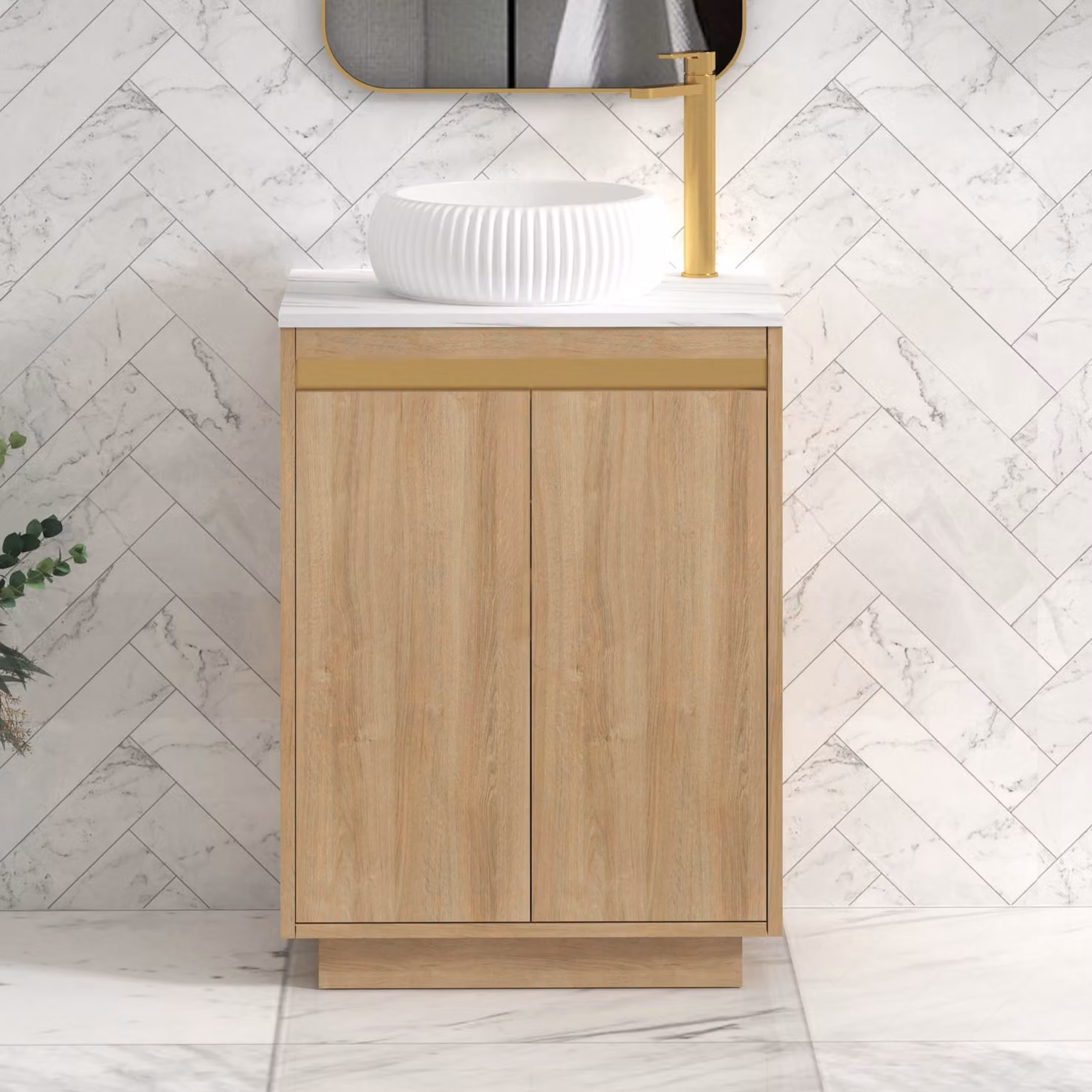 Royal Bathrooms Orion 600mm Natural Oak Floor Standing Countertop Vanity Unit with Milan Basin and Brushed Brass Accent Trim