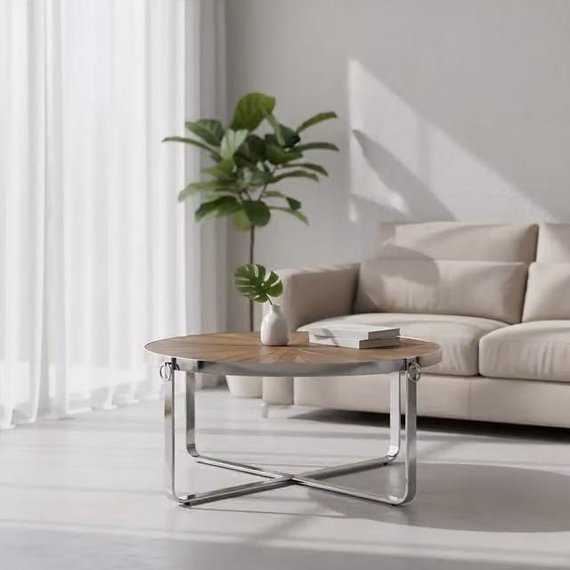 Orsina Modern Round Metallic and Wood Coffee Table in Brown and Silver – 1