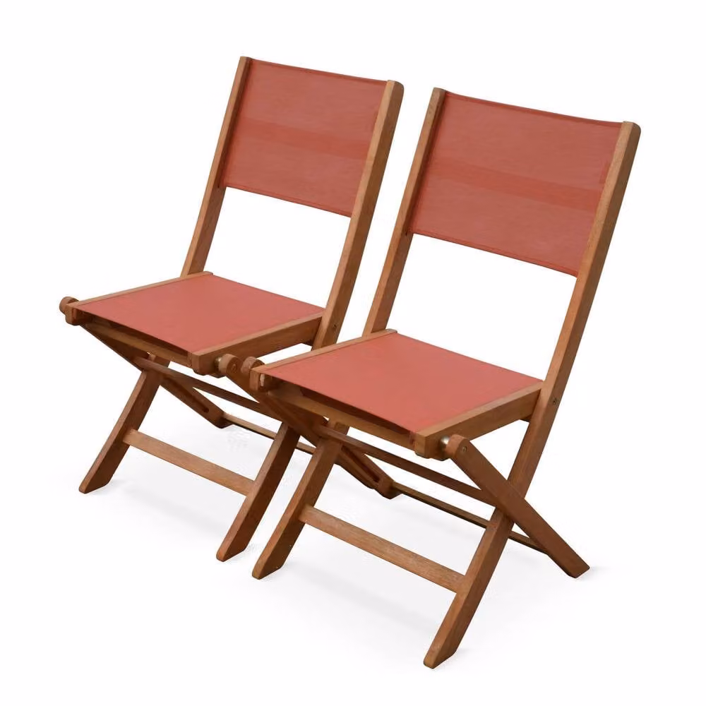 Sweek Pair of Foldable Wooden Garden Chairs in Terracotta with Grey Textilene Fabric and Armrests – 2