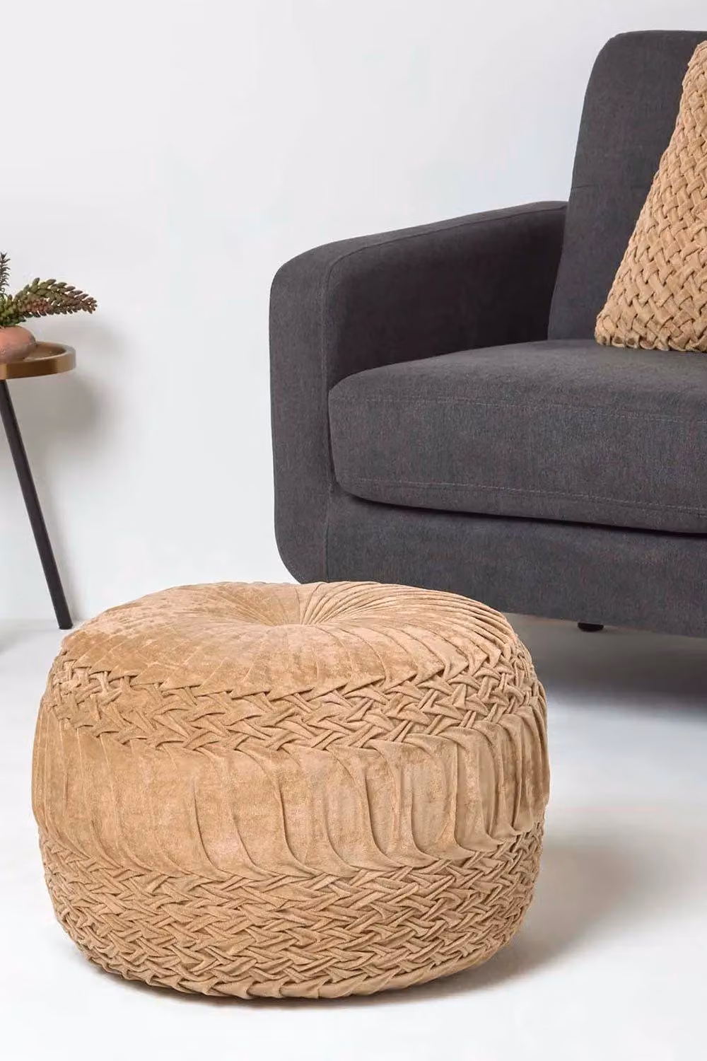 Homescapes Sofia Pleated Velvet Pouffe in Taupe – 2