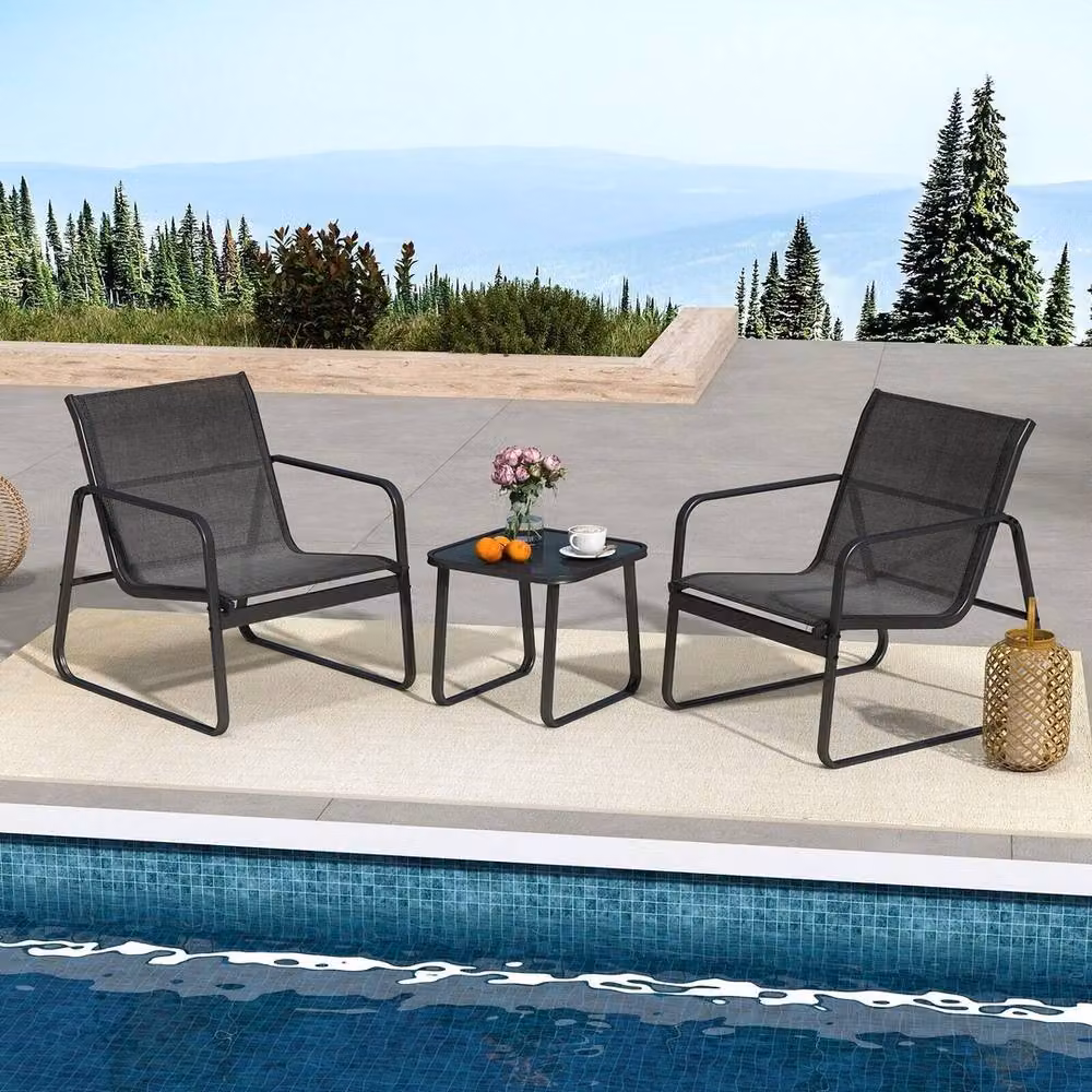 VOGREX 3-Piece Metal and Glass Patio Bistro Set in Matt Black – 3