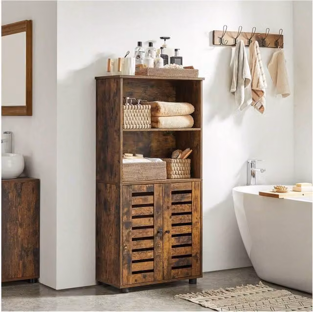 VASAGLE Rustic Bronze Floor Standing Storage Cabinet with Hinged Louvered Doors and Internal Shelves