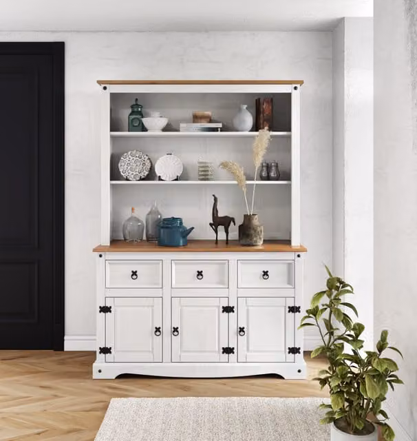 Mercers Furniture Corona 3 Door Solid Wood Pine Sideboard Display in Distressed White Wax