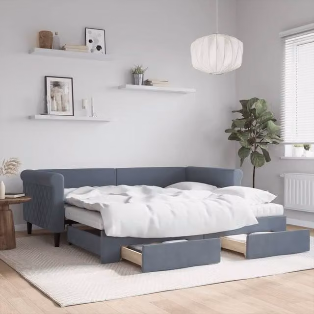 Berkfield Home Velvet Daybed with Trundle and Drawers, Grey, W/D/H: 90 x 190 cm