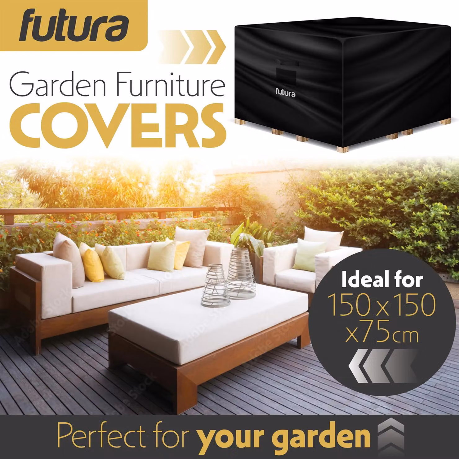 Futura Premium 600D Square Waterproof Garden Furniture Cover in Black, W/D/H: 150 x 150 x 75 cm – 3