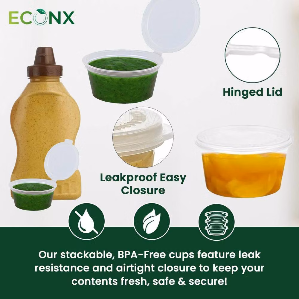 ECONX 50 Pack Clear Plastic Hinged Deli Sauce Pots, 4oz Leakproof and BPA Free Containers – 4
