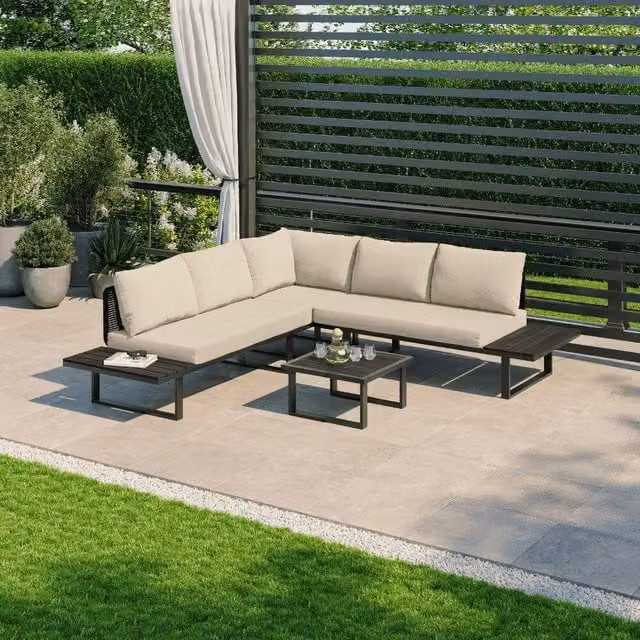 Modish Furnishing Naples 5 Seater Modular L-Shape Corner Garden Lounge Set with Powder Coated Aluminium Frame and Upholstered Cushions in Cream