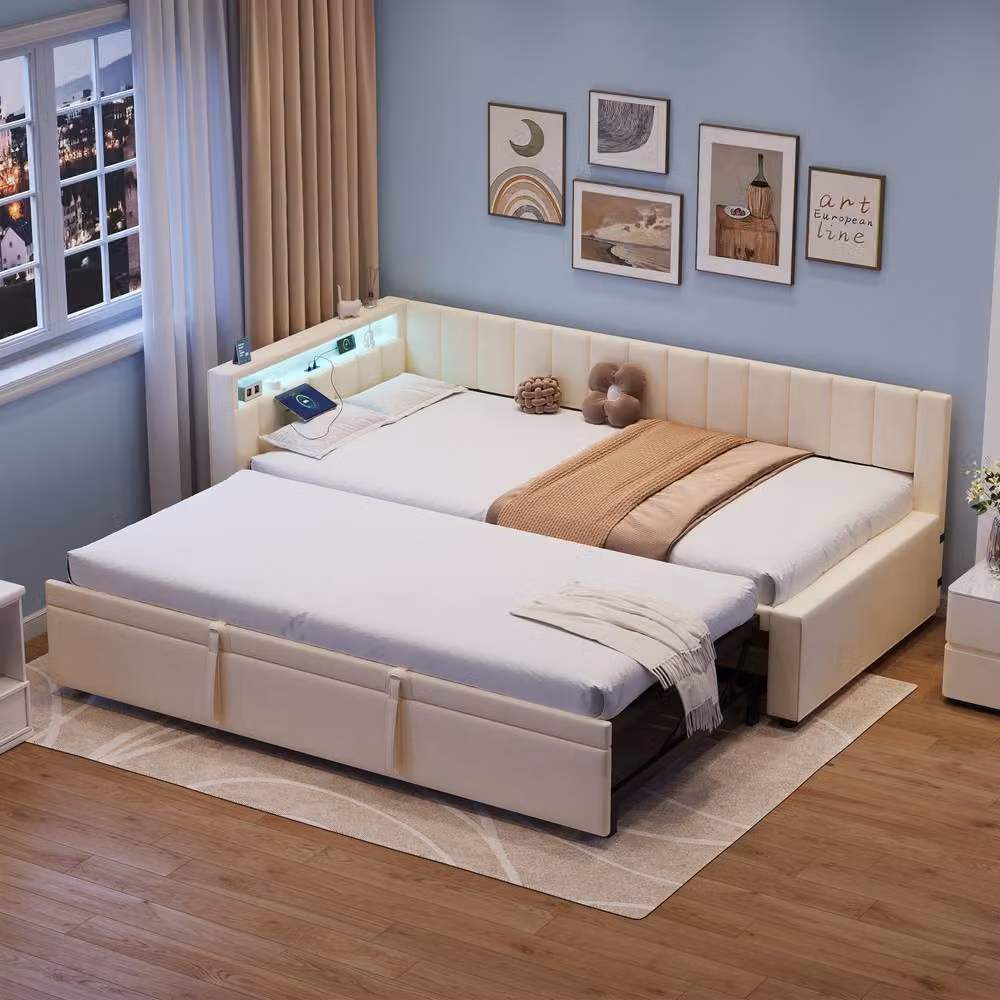 Matteo Single Velvet Daybed with Trundle in Beige – 2