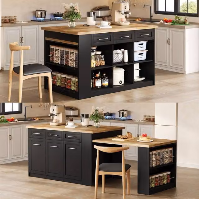 Merax Kitchen Island with Extendable Dining Table and Wood Effect Top in Black, W/D/H: 150 x 90 x 90 cm