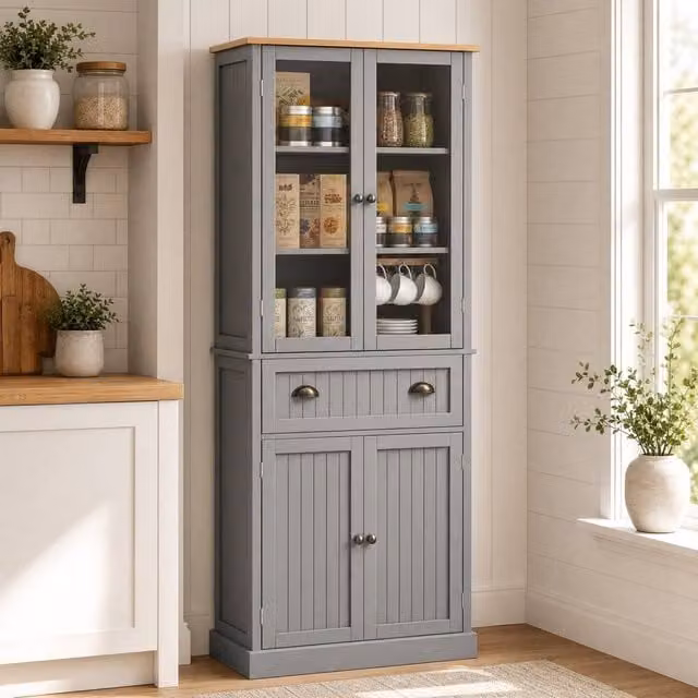 STILVORA Grey Matt Kitchen Pantry Cupboard with Glass Doors and Internal Shelves