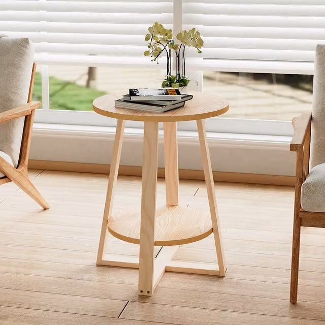 Livingandhome Round Two-Tier Rubberwood Coffee Side Table in Light Wood