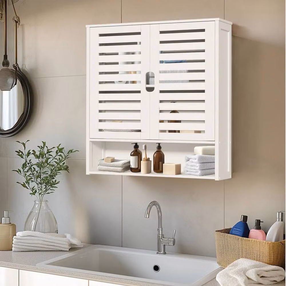 VOGREX White Lacquered Bamboo Wall Mounted Bathroom and Kitchen Storage Cabinet with Hinged Doors and Internal Shelves – 2