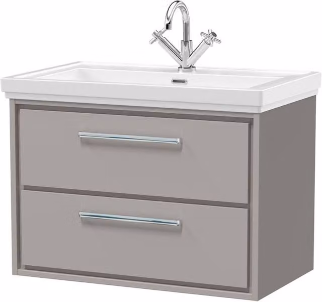 Balterley Modern Wall Hung 2-Drawer Bathroom Vanity with Fireclay Basin, Grey, W: 80 cm – 1