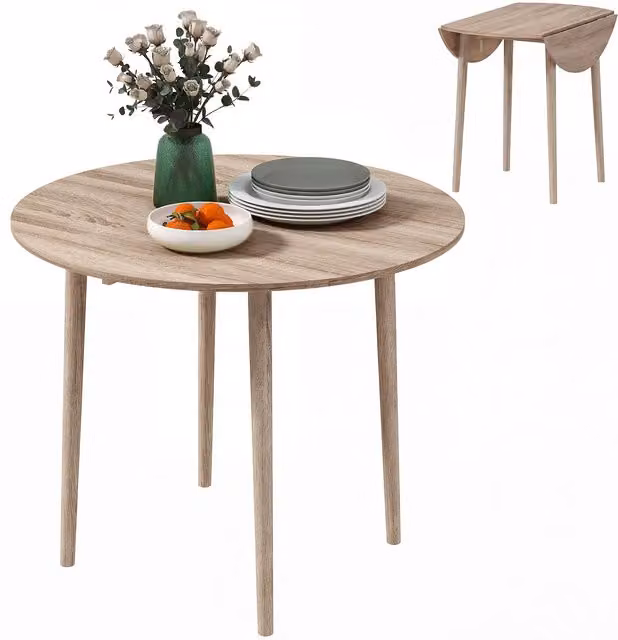 HOMCOM Round Folding Dining Table with Butterfly Drop Leaf and Wood Legs in Beige – 1