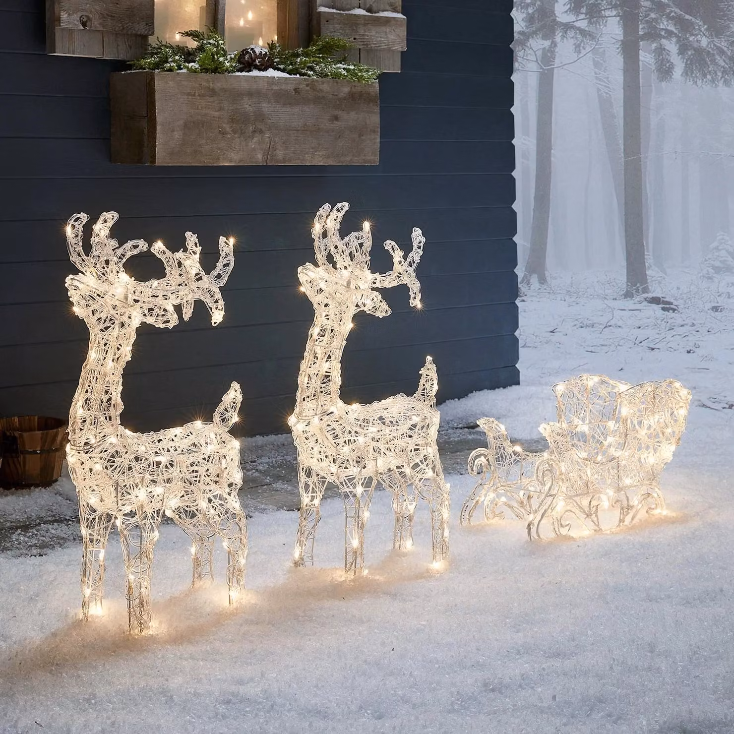 Lights4fun Swinsty LED Reindeer and Sleigh Outdoor Christmas Decoration, White and Transparent, Height: 70 cm – 1