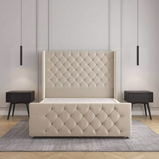 Regional Furnishings Plush Velvet Divan Bed Set in Beige, Double Size (W/D/H: 140 x 200 x 137.16 cm)
