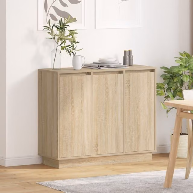 Berkfield Home LED Sideboard in Sonoma Oak, Beige, W/D/H: 90 x 32 x 75 cm