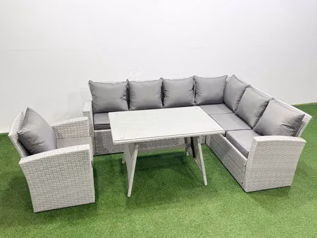 Fimous 7 Seater Rattan Garden Furniture Set with Dining Table and Armchairs in Light Grey