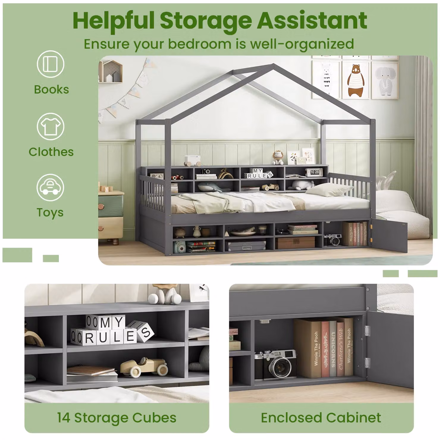 Gymax Single Size House Bed Frame with Roof and Storage Cubes in Dark Grey, 90 x 190 cm – 2