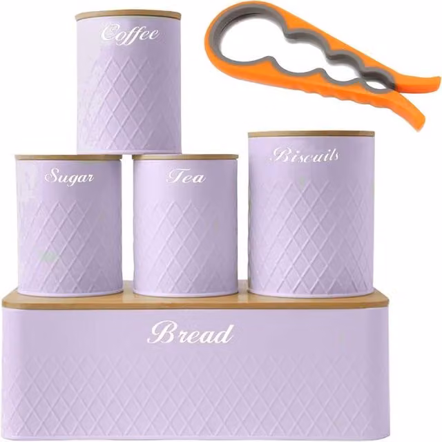 ATEK 5 Piece Purple Kitchen Canister and Bread Bin Set with Bamboo Lids and Airtight Storage