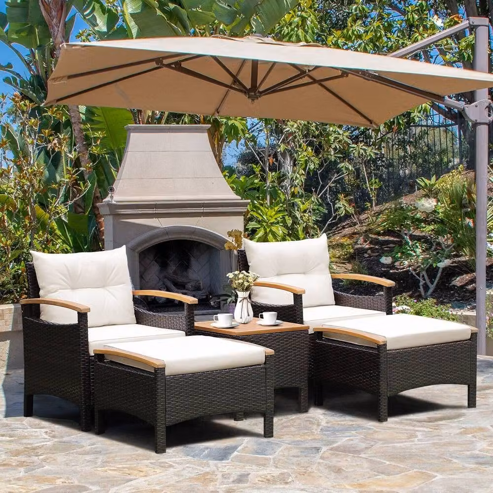 Costway 5-Piece Brown Rattan Patio Furniture Set with Upholstered Lounge Armchairs, Ottomans and Outdoor Coffee Table – 4